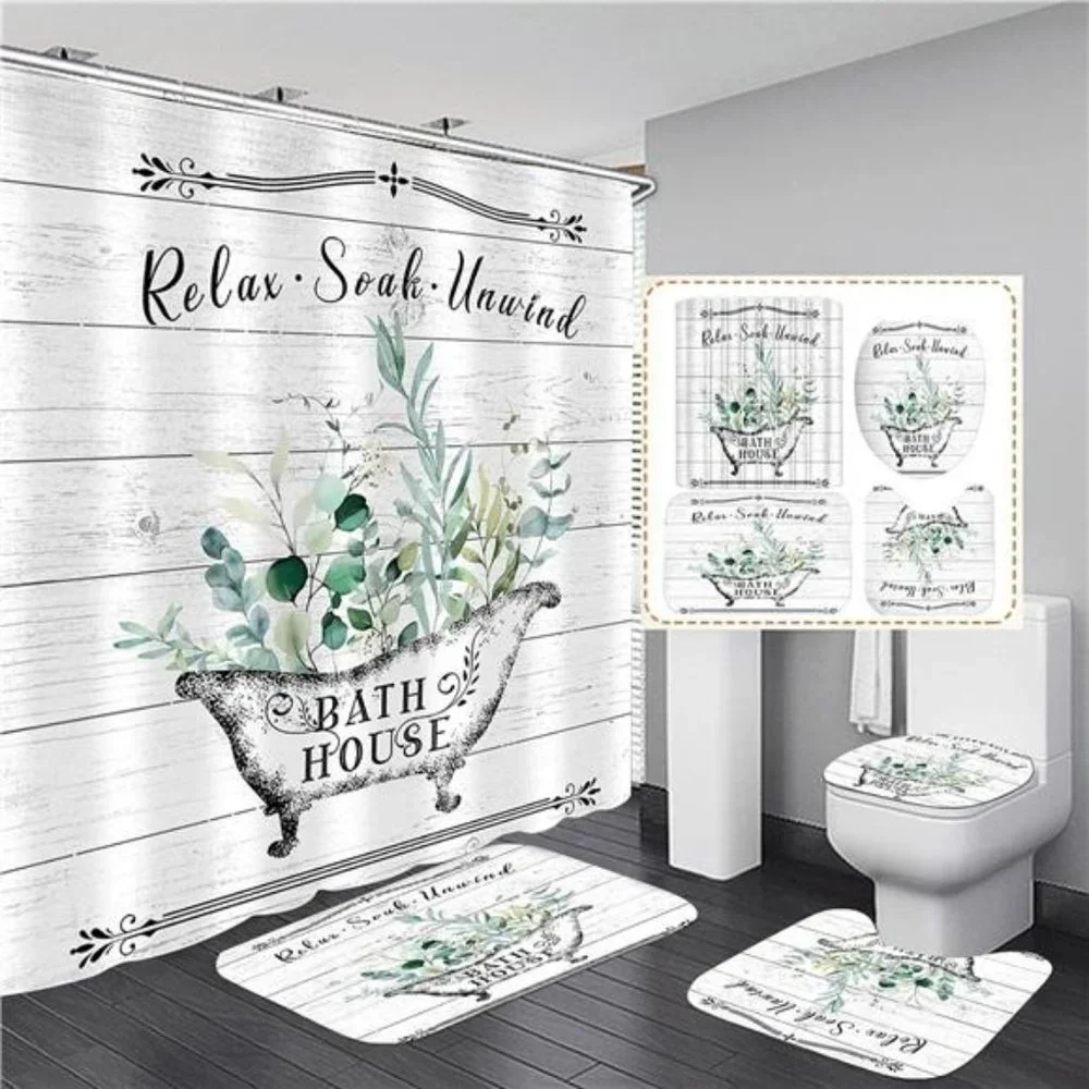 4Pcs Farmhouse Shower Curtain Set Vintage Floral BathroomSet with Shower Curtain